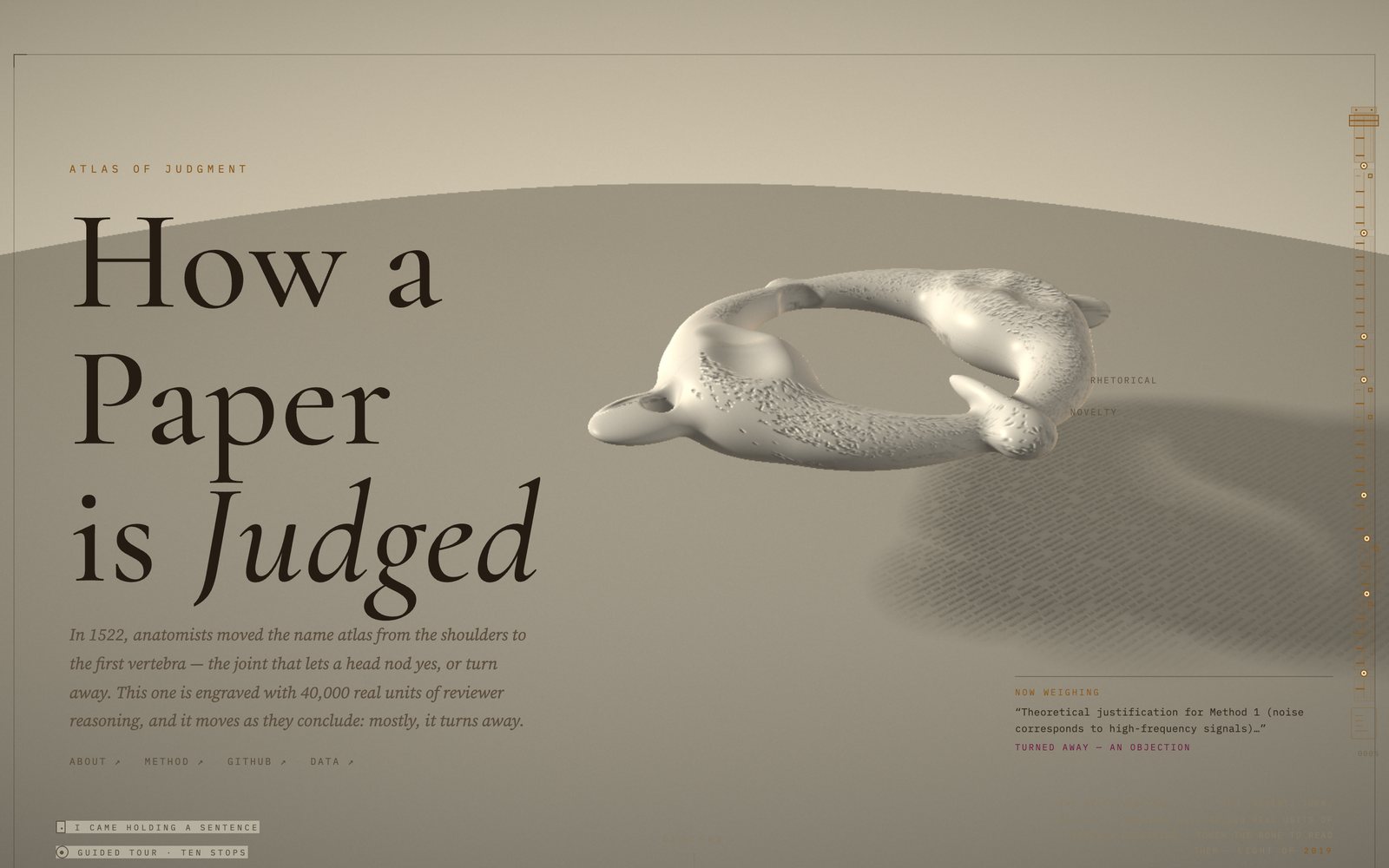 The Atlas of Judgment front page: a pale first cervical vertebra rendered in three dimensions on a sepia ground, beside the title How a Paper is Judged, with a live specimen panel in the corner reading Now Weighing: a quoted reviewer sentence about theoretical justification, marked Turned Away — an Objection