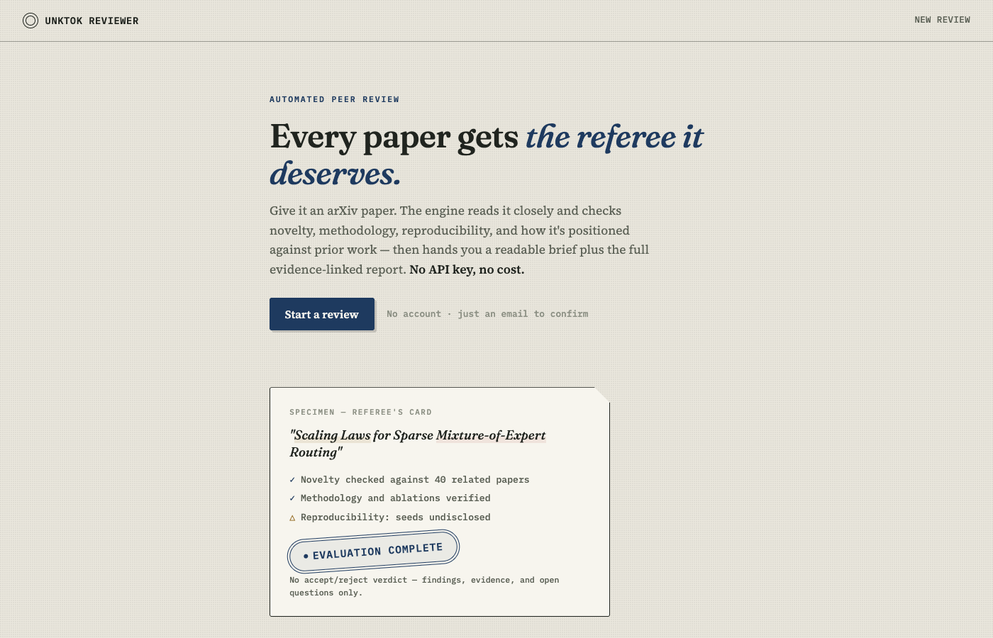 The Unktok Reviewer landing page: a specimen referee's card showing novelty checked against related papers, methodology verified, reproducibility flagged, and the note that no accept/reject verdict is issued